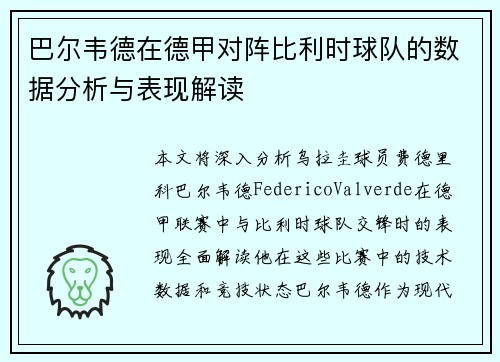 巴尔韦德在德甲对阵比利时球队的数据分析与表现解读